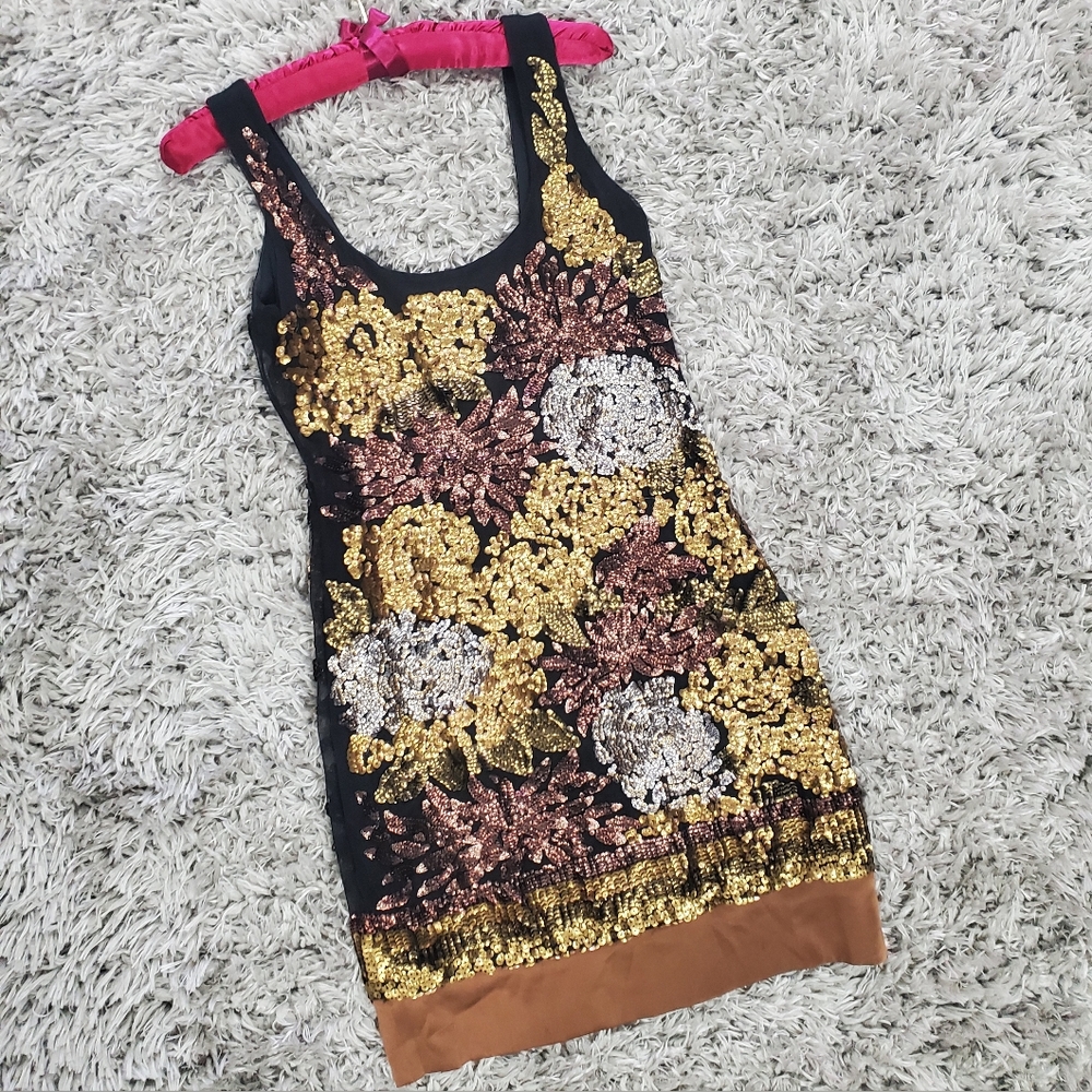 Hale Bob Metallic Gold Copper Sequin Floral Cocktail Sleeveless Dress Size S
